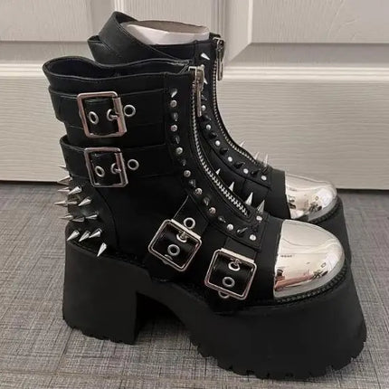 Size 47 Women Sliver Laser Shiny Patent Leather Cross Tied Lace Up Round Toe Platform Chunky Heels Ankle Boots Punk Short Boots
