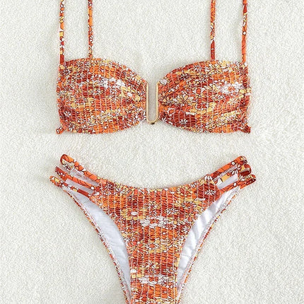 Sexy Pleate Micro Bikini Women U Neck Push Up Orange Floral Print Micro Swimsuit 2026 Summer Bathing Suit Lace Up Thong Swimwear