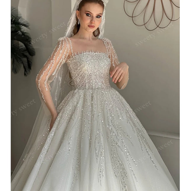 Luxuriöses Hochzeitskleid mit Stickerei und Perlen, Ballkleid, A-Linie, eckiger Ausschnitt, lange Ärmel, maßgeschneidertes Brautkleid Vestido De Novia