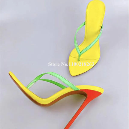 Summer Fashion Pointed Open Toe Clip Toe Thin Heel Slippers Gold Yellow Patchwork Stiletto Heel Sandals Dress Heels