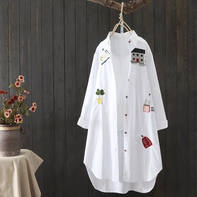 Women Cotton Embroidery Loose Long White Shirts 2025 Spring Autumn New Casual Office Lady Blouse Female - product image 2