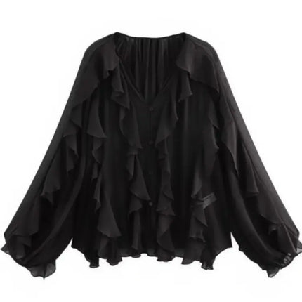 2026 New Summer Women's Elegant Loose Long Sleeve Chiffon Layered Shirts Lady Vintage V-neck Translucent Tierred Ruffles Blouses