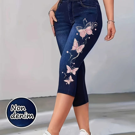Women High Waist Slim Fit Floral Print Fake Denim 7/8 Cropped Capri Pants, Suitable For Daily Casual & Sports Wear