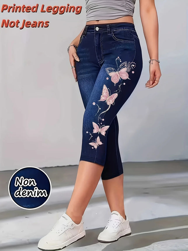 Women High Waist Slim Fit Floral Print Fake Denim 7/8 Cropped Capri Pants, Suitable For Daily Casual &