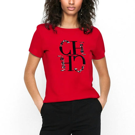 CHCH Women's T-shirt 2025 New Hand Embroidered Heavy Industry Casual Top Simple Round Neck Short Sleeve Women's Clothing