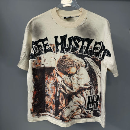 Retro Wash black Skull letter Rhinestone Print Life Hustlers T Shirt Men Woman Fashion Harajuku Hip Hop Shinning Diamond Tees