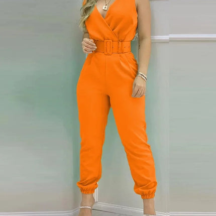 Summer Women Jumpsuits Elegant Office Lady Sexy V-neck Sleeveless Print Jumpsuits New Fashion With Belt Vest Playsuit Streetwear