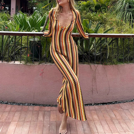 Elegant Deep V Neck Dress Women Sexy Flare Long Sleeve Striped Printed Bohemian Dresses For Women Beach Vacation Dress