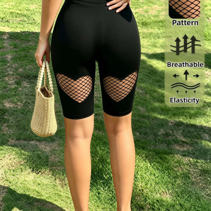 Women's High Waist Heart Fishnet Hollow Out Shorts High Elastic Breathable Black Shorts for Daily Club