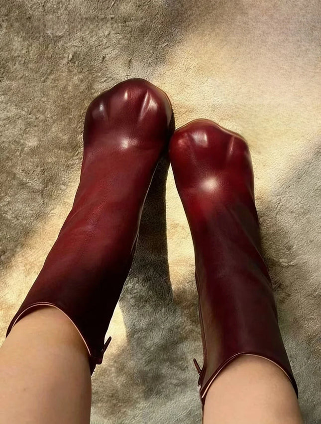 New Cute Burgundy Red Leather Paw-Toe Boots Feline Foot Shape Slim Silhouette Chunky Heels Design Fashion Mid-Calf Boots