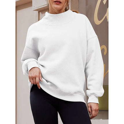 Casual Commuter Comfort Pullover Loose-Fit Solid-Color Half-High Neck Crew Neck Sweatshirt Top