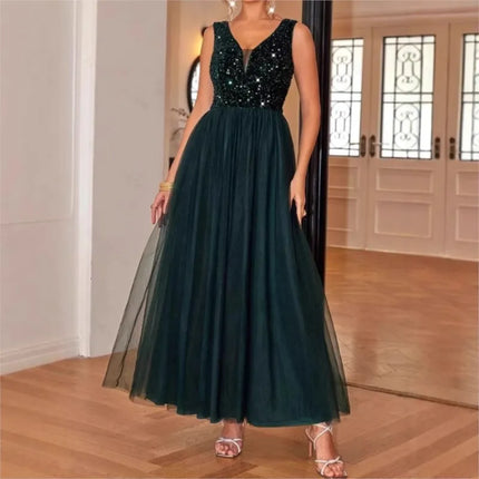 Women's Summer New Dress V-neck Sleeveless Solid Color Dress Fashion Sexy Glitter Mesh Stitching Swing Dress