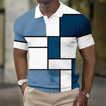 Fashion Men's Polo Shirt 3d Geometric Splicing Graphic Print Casual Mens Polo Shirt Button Lapel Short Sleeve Street Men Clothes
