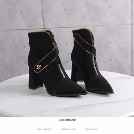 Pointed Toe Booties Women 2025 Fall Winter New Trendy Fashion Block Heel High Heel Boots Front Zipper Skinny Boots