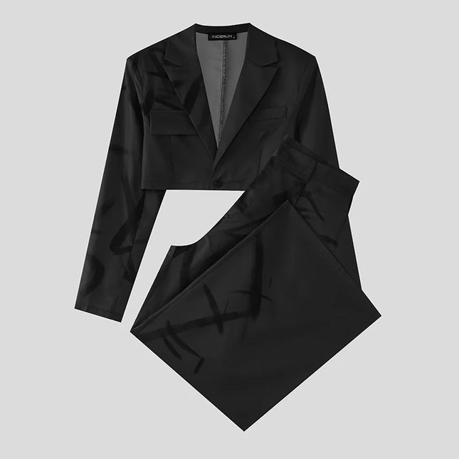 INCERUN Conjuntos de Hombre Estampados Solapa Manga Larga Chaqueta Corta y Pantalones Dos Piezas Conjuntos Ropa de Calle Suelta Moda Hombre Trajes Casuales S-5XL