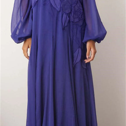 Customized Simple Purple Chiffon Evening Dress Temperament O-Neck Long Sleeves Prom Dress Exquisite Special Occasion Gowns