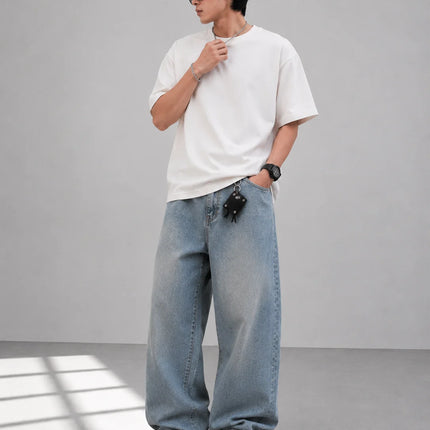 UP.THE Men Light Washed Baggy Wide Leg Jeans, Y2K Oversized Loose Plain Denim Pants, Minimal Basic Streetwear Trousers for Daily Casual Outfits