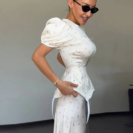 Women's White Floral Print Puff Sleeve Dress With Waistband Fashion Satin Ruffled Hem Maxi Dress Lady 2026 Elegant Party Robes