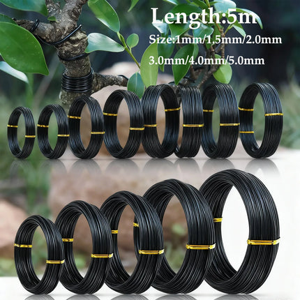 5m/roll Garden Bonsai Shape Aluminum Wire 1.0mm, 1.5mm, 2.0mm, 3mm, 4mm, 5mm Black Six Sizes for Garden and Plant Shapes