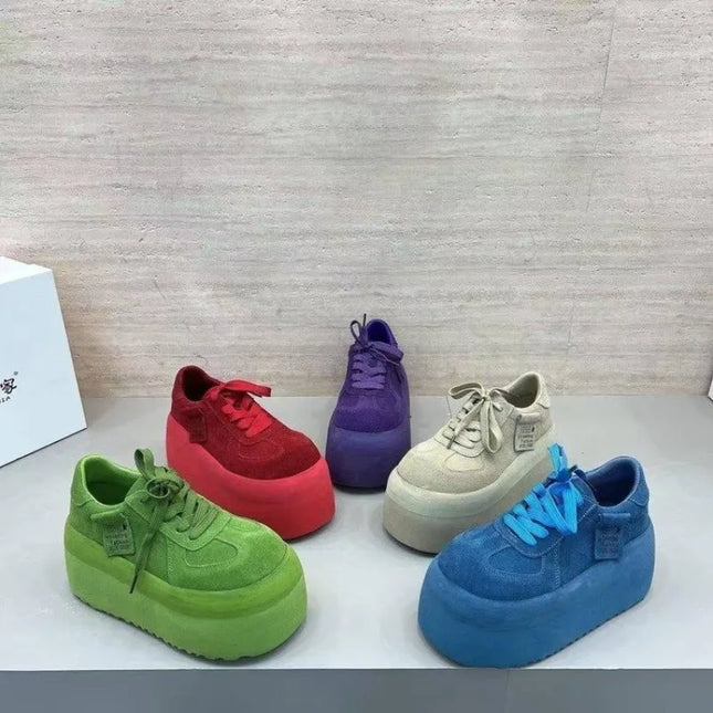 Spliced Platform Sneakers Spring New Round Toe Lace-Up Non-Slip Heightened Low-Top Single