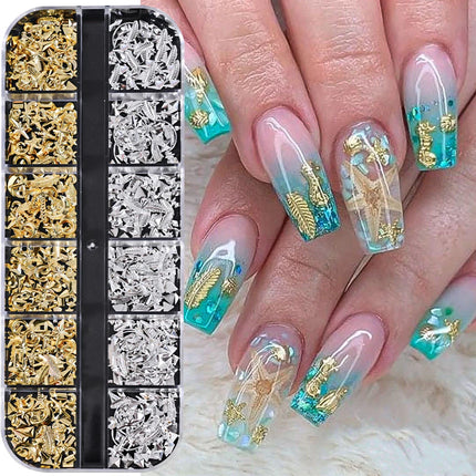 6 Grids Metal Summer Ocean Nail Art Charms 3D Shell Starfish Seahorse Caviar Beads Alloy Nail Jewelry Mixed Manicure Studs Decor
