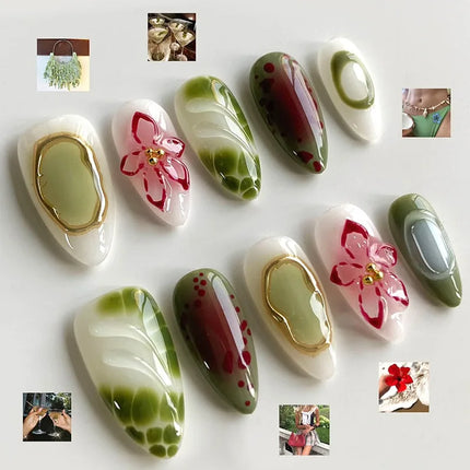 24Pcs Mid-length Gilded Almond Nails Set Press on 3D Flower Gradient Pink Full Cover False Nails Tips Pearl Reusable Fake Nails