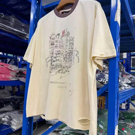 Vintage Cream Washed Ringer Neck Men T-Shirt PALY Distressed Retro City Sketch & Portrait Print Tee