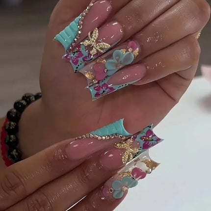 24pcs Short Duckbill False Nails Wearable Blue French Fake Nails Star Flash Rhinestones Decor Gradient Y2k Nails Press on Nail