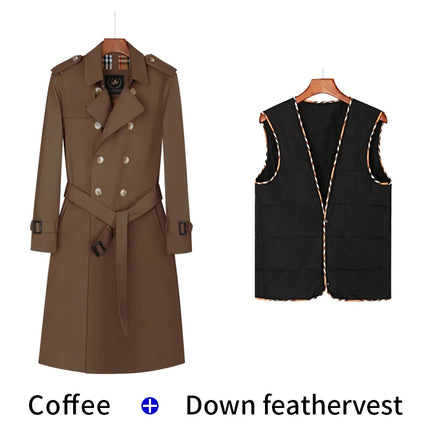 Men's trench coat long knee length with double breasted British plaid cotton lining down inner lining windbreaker mens
