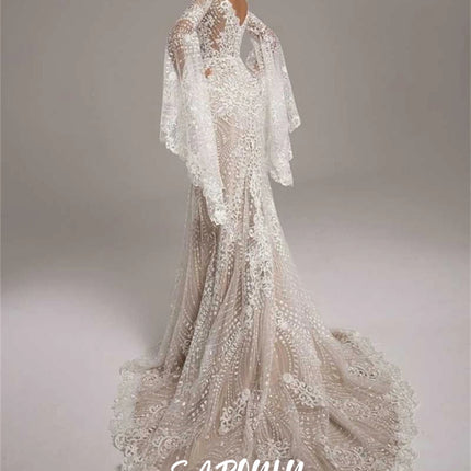 Bohemian Wedding Dress for Women, Long Flare Sleeves, Side Slit, Champagne Lining Bride Dresses Boho Bridal Gown Custom Make