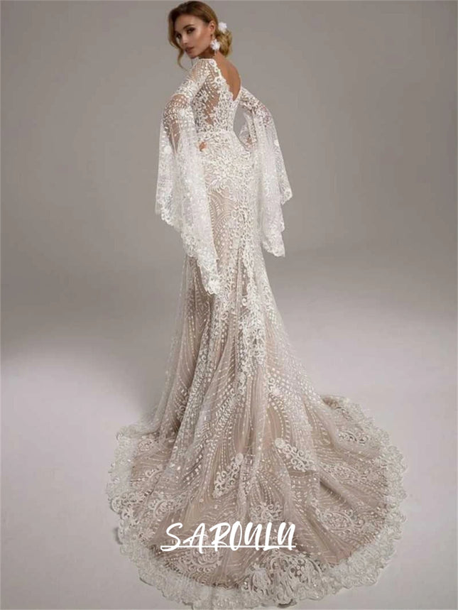 Bohemian Brautkleid für Damen, lange ausgestellte Ärmel, seitlicher Schlitz, Champagnerfutter Brautkleider Boho Brautkleid Maßanfertigung