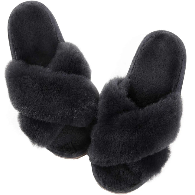 Comwarm Women's Cross Band Fuzzy Slippers Fluffy Open Toe House Slippers Cozy Plush Bedroom Shoes Indoor Outdoor Fur Sandals
