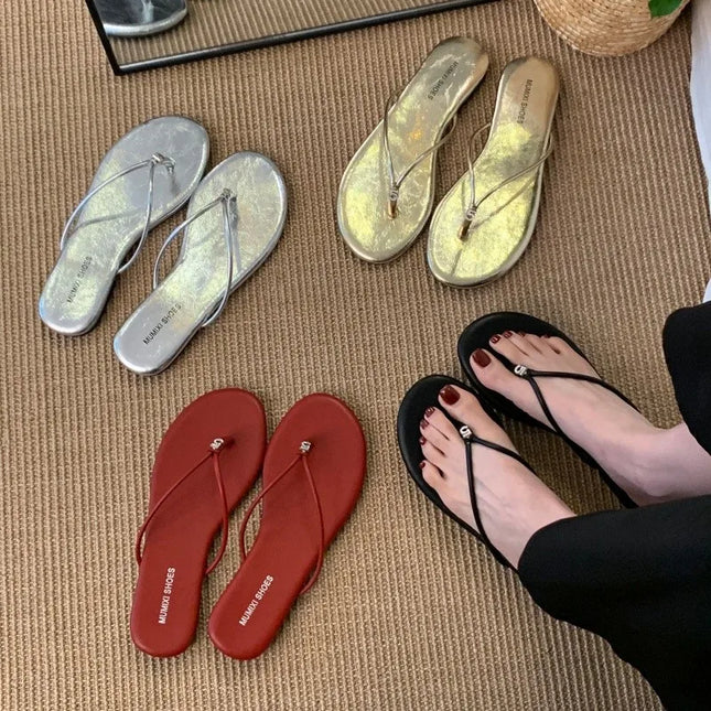 Korean Style Thin Strap Herringbone Flip-flops Summer Sandals 2026 New Anti-slip Lightweight Flat Fashion Toe-post Slippers