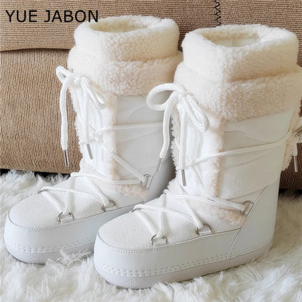 Pink Lamb Fleece Cotton Snow Boots for Women 2026 Winter Soft Warm Comfortable Lace-up Mid-calf Boots Soft Non-slip Ski Boots
