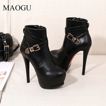 Women's Black Stiletto Ankle Boots Round Toe Buckle Strap High Heel Platform Boots Side Zipper Female Short Botas Botte Femme