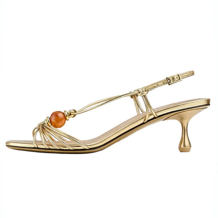 Women's  Slingback Sandals Amber Bead Decor Open‑Toe Kitten Heels Thin Knotted Strap Mid‑Heel Backless Pumps Elegant