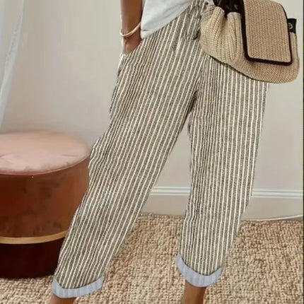 European and American Cross border Women's Summer New Fashionable Loose Stripe Printed Elastic Waist Drawstring Casual Pants