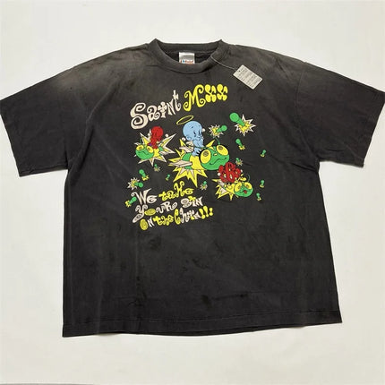 SAINT Mxxxxxx T-Shirts Men Women 1:1 Best Quality Anime Character Print Black Washed Oversized Short Sleeve