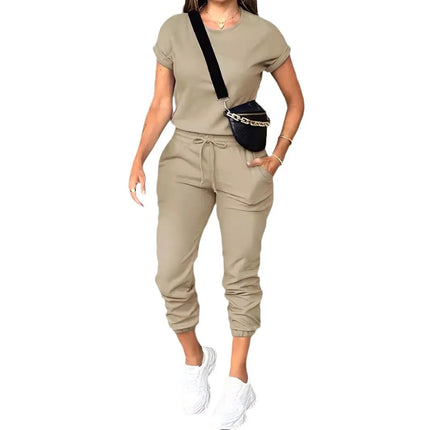 Pant Set Women Two Piece Sets Round Neck Short Sleeve Shirt Long Pants Lace Up Elastic Waist Y2k Streetwear Work Causal 2026