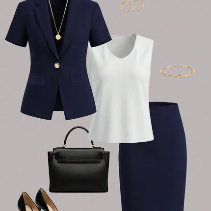 Women's elegant business-style short-sleeve blazer set for spring and summer, paired with a solid-color camisole and a knee-length skirt. Ideal for job interviews, business office wear, and fashionable commuting.