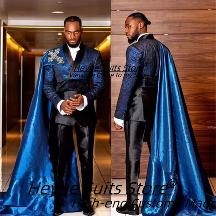 Customized Black Jacquard Shawl Lapel Jacket Pant Cape Groom Wedding Tuxedos Luxuly Male Prom Party Blazers Handsome Ropa Hombre