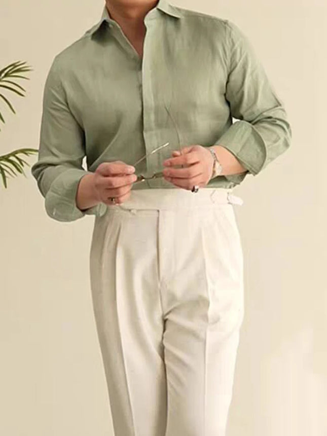 Tägliche Freizeit Herren Unifarbene Slim Shirts Vintage Knopfleiste Revers Langarm Leinenoberteile Herren Frühling Sommer Lässiges Atmungsaktives Hemd