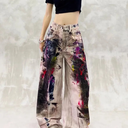 Y2k Jeans Ladies Cool Painted Graffiti With High Waist and Loose Fit Torn Jeans for Woman Women's Denim Pants Coquette Jean Pant