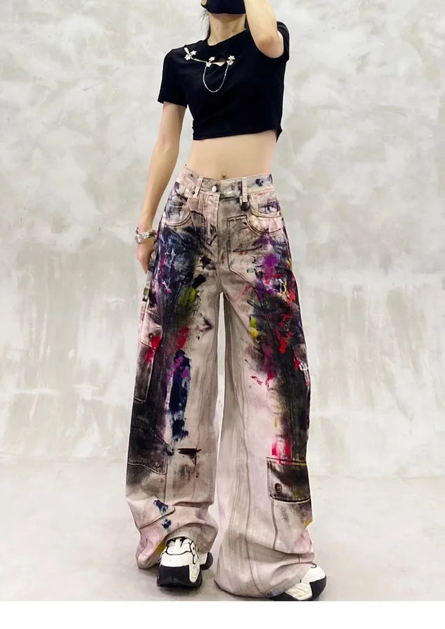Y2k Jeans Ladies Cool Painted Graffiti With High Waist and Loose Fit Torn Jeans for Woman Women's Denim Pants Coquette Jean Pant