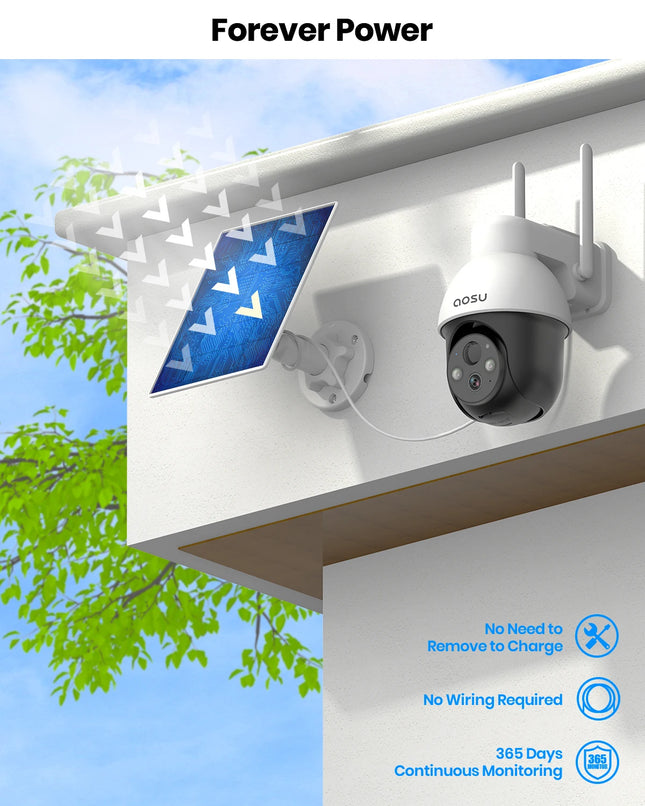AOSU 3MP PTZ Solar Security Camera Built-in Battery Wireless 2.4Ghz WIFI Camera PIR AI Detection 2-Way Audio Outdoor CCTV Camera