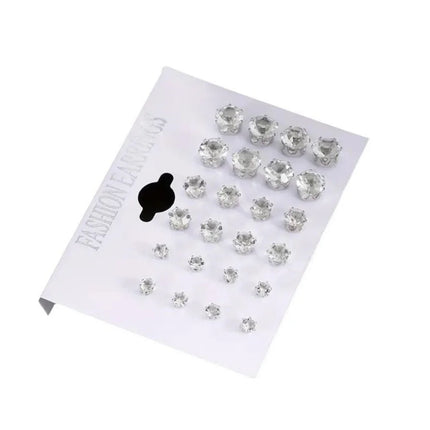 12 Pairs Set Stainless Steel Silver Color CZ Stud Earrings with Gemstone Buds Round Earrings Jewelry Accessories Unisex