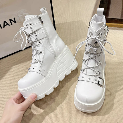 Platform Boots Goth for Women Lace up Wedge Heel Buckle Ankle Booties Studded Short Motorcycle Boots with Zipper White