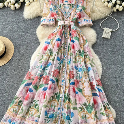 French Luxury Print Dress Women Summer Short Sleeve Waist Tie A Line Big Swing Party Banquet Evening Gown Outfit Dress Woman