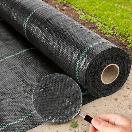 Black weed barrier roll with a magnified weave close-up