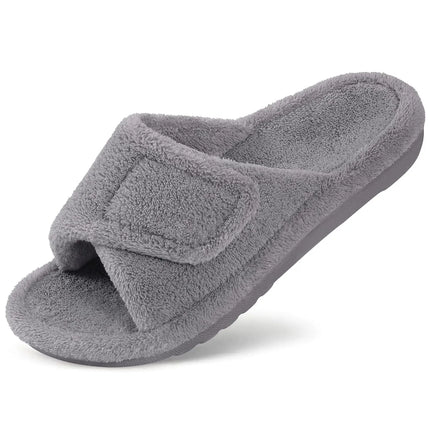 Comwarm Winter Women's Fur Fuzzy Slippers Adjustable Open Toe Furry Slide With Arch Support Four Seasons Cozy Fluffy House Shoes